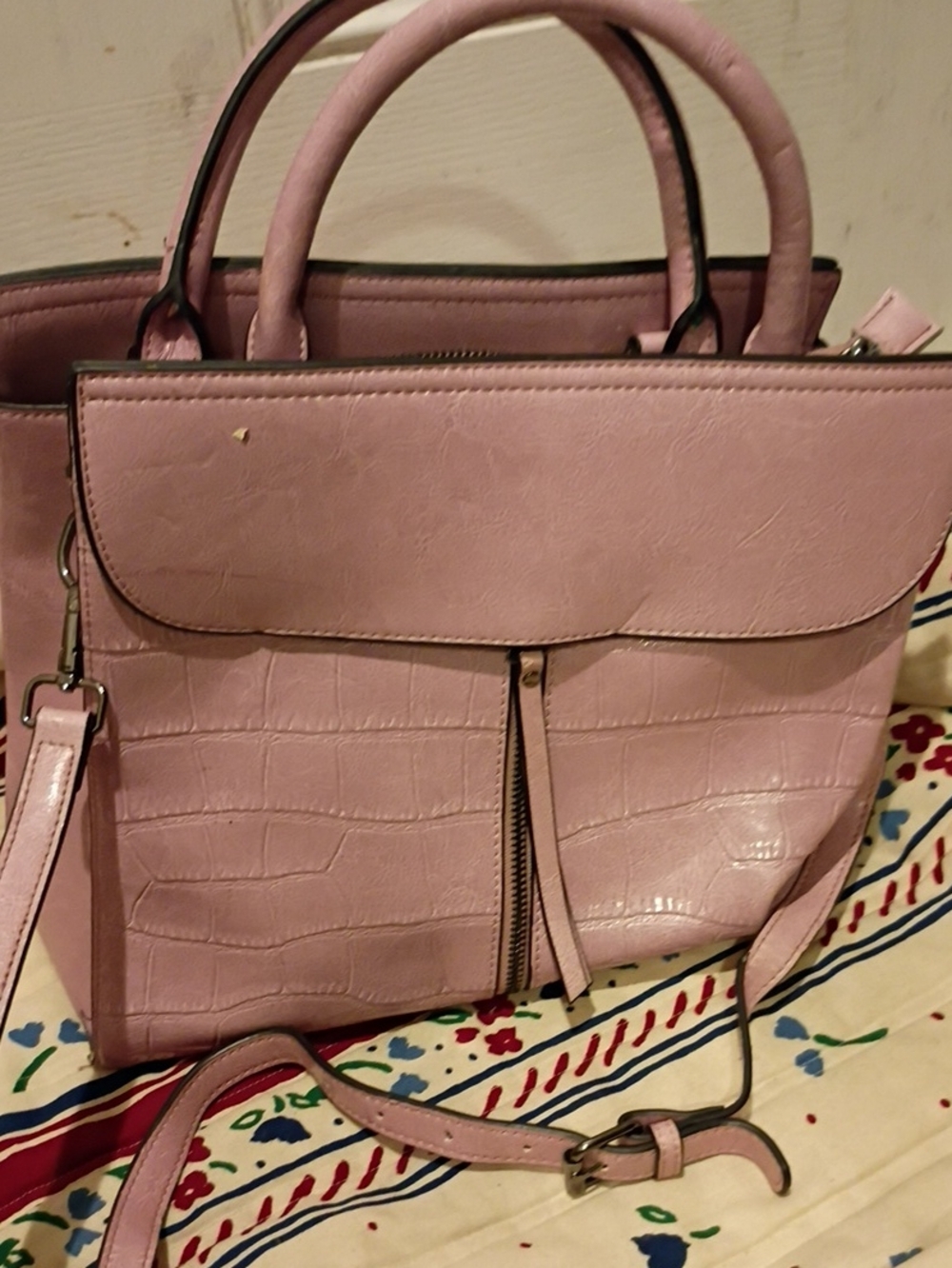 Croc-Embossed Pink Top-Handle Satchel with Crossbody Strap